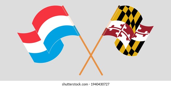 Crossed and waving flags of Luxembourg and the State of Maryland