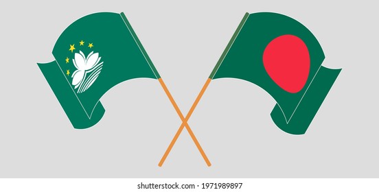 Crossed and waving flags of Macau and Bangladesh
