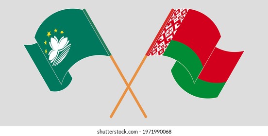 Crossed and waving flags of Macau and Belarus