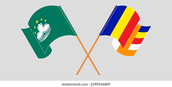 Cruzada y ondeando banderas de Macao y Budismo. Ilustración del vector
