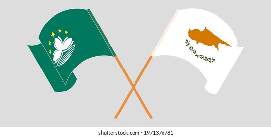 Crossed and waving flags of Macau and Cyprus
