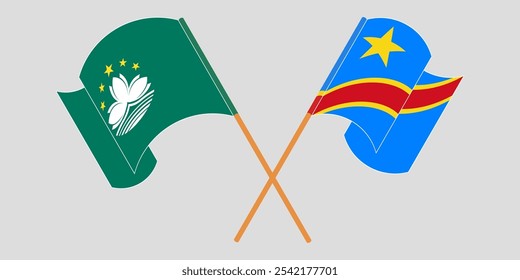 Crossed and waving flags of Macau and Democratic Republic of the Congo. Vector illustration.

