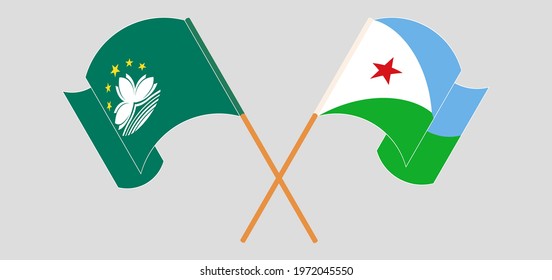 Crossed and waving flags of Macau and Djibouti