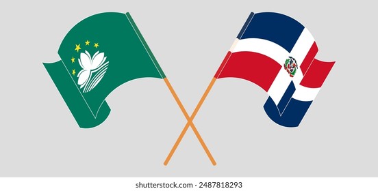 Crossed and waving flags of Macau and Dominican Republic. Vector illustration
