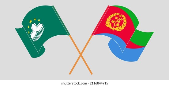 Gekreuzte und schwellende Flaggen von Macau und Eritrea. Vektorgrafik
