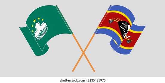 Crossed and waving flags of Macau and Eswatini. Vector illustration
