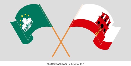 Crossed and waving flags of Macau and Gibraltar. Vector illustration
