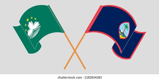 Crossed and waving flags of Macau and Guam. Vector illustration
