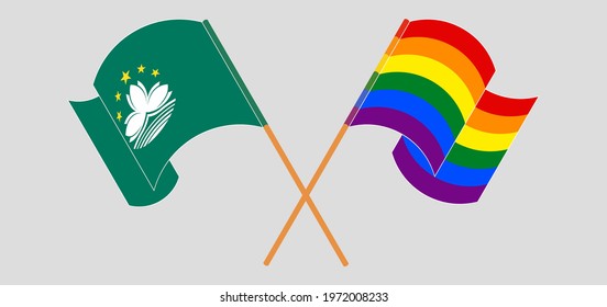 Crossed and waving flags of Macau and LGBTQ