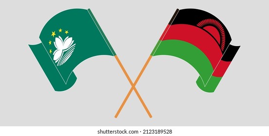 Überquerte und schwellende Flaggen von Macau und Malawi. Vektorgrafik
