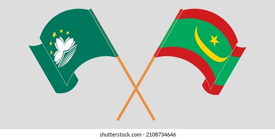 Crossed and waving flags of Macau and Mauritania. Vector illustration
