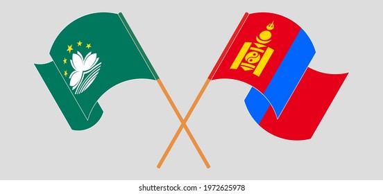 Crossed and waving flags of Macau and Mongolia