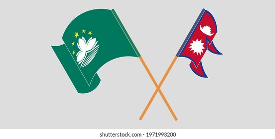 Crossed and waving flags of Macau and Nepal