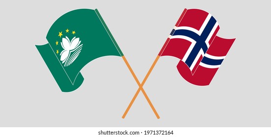 Crossed and waving flags of Macau and Norway