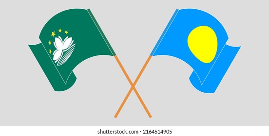 Crossed and waving flags of Macau and Palau. Vector illustration
