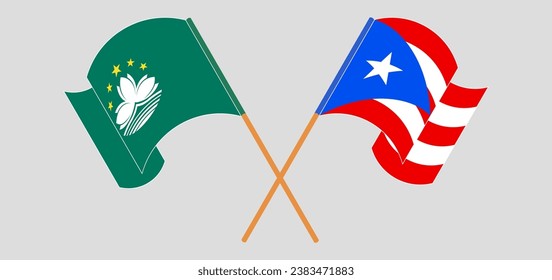 Crossed and waving flags of Macau and Puerto Rico. Vector illustration
