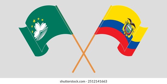Crossed and waving flags of Macau and Republic of Ecuador. Vector illustration.
