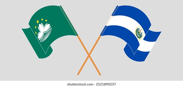 Crossed and waving flags of Macau and Republic of El Salvador. Vector illustration.
