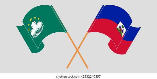 Banderas cruzadas y ondeando de Macao y la República de Haití. Ilustración vectorial.
