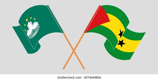 Crossed and waving flags of Macau and Sao Tome and Principe. Vector illustration