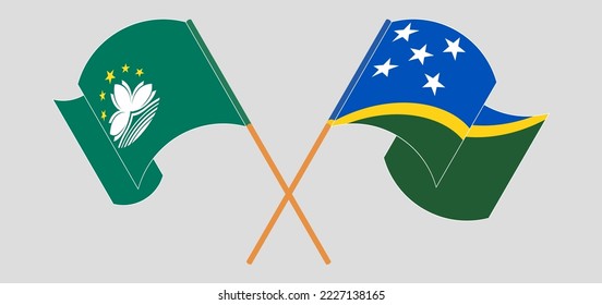Gekreuzte und wehende Flaggen der Macau- und Salomonen-Inseln. Vektorgrafik