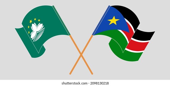 Banderas cruzadas y ondeando banderas de Macao y Sudán del Sur. Ilustración del vector
