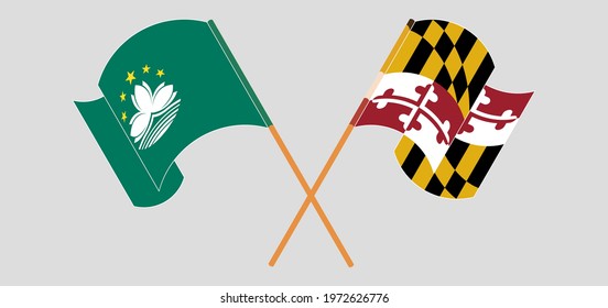 Crossed and waving flags of Macau and the State of Maryland