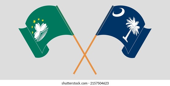 Banderas cruzadas y ondeando banderas de Macao y El estado de Carolina del Sur. Ilustración del vector
