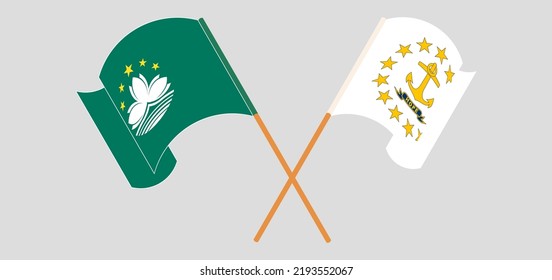 Banderas cruzadas y ondeando banderas de Macao y el Estado de la Isla Rhode. Ilustración del vector
