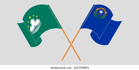 Crossed and waving flags of Macau and The State of Nevada. Vector illustration
