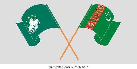Crossed and waving flags of Macau and Turkmenistan. Vector illustration
