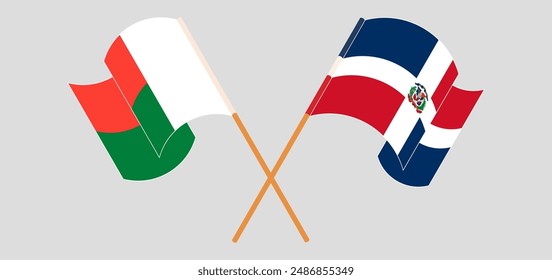 Crossed and waving flags of Madagascar and Dominican Republic. Vector illustration
