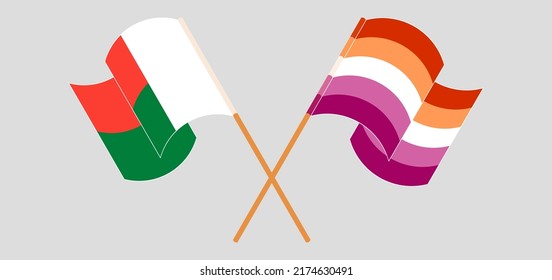 Crossed and waving flags of Madagascar and Lesbian Pride. Vector illustration
