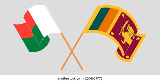 Crossed and waving flags of Madagascar and Sri Lanka. Vector illustration
