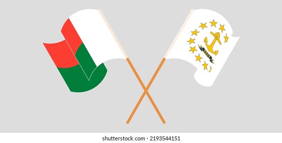 Crossed and waving flags of Madagascar and the State of Rhode Island. Vector illustration
