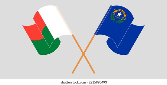 Banderas cruzadas y ondeando banderas de Madagascar y del Estado de Nevada. Ilustración del vector

