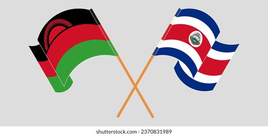 Crossed and waving flags of Malawi and Costa Rica. Vector illustration
