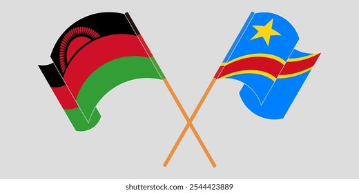 Bandeiras cruzadas e acenando do Malawi e da República Democrática do Congo. Ilustração vetorial.
