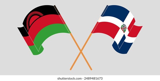 Crossed and waving flags of Malawi and Dominican Republic. Vector illustration
