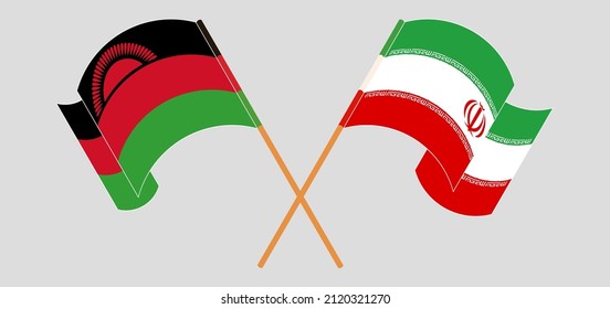 Crossed and waving flags of Malawi and Iran. Vector illustration
