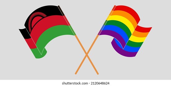 Crossed and waving flags of Malawi and LGBTQ. Vector illustration
