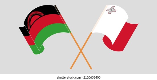 Crossed and waving flags of Malawi and Malta. Vector illustration
