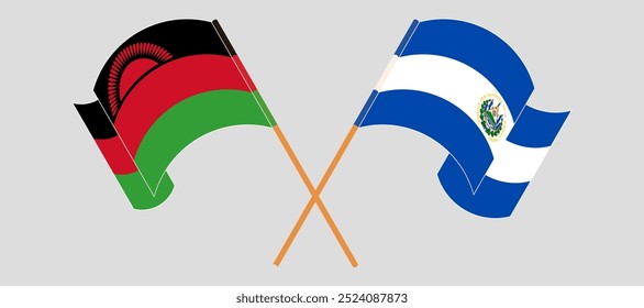 Crossed and waving flags of Malawi and Republic of El Salvador. Vector illustration.
