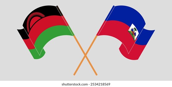 Überquerte und wehende Flaggen von Malawi und der Republik Haiti. Vektorgrafik.
