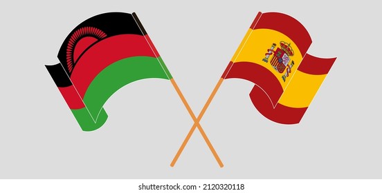 Crossed and waving flags of Malawi and Spain. Vector illustration
