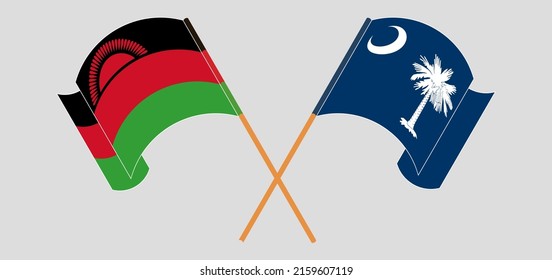 Crossed and waving flags of Malawi and The State of South Carolina. Vector illustration
