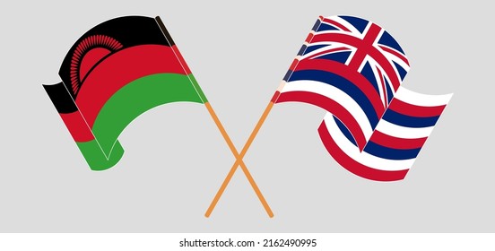 Crossed and waving flags of Malawi and The State Of Hawaii. Vector illustration
