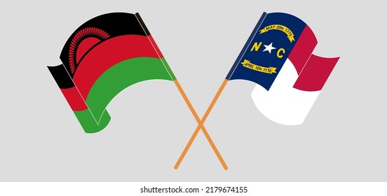 Crossed and waving flags of Malawi and The State of North Carolina. Vector illustration
