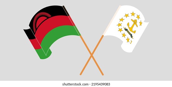 Banderas cruzadas y ondeando banderas de Malawi y el estado de la isla Rhode. Ilustración del vector
