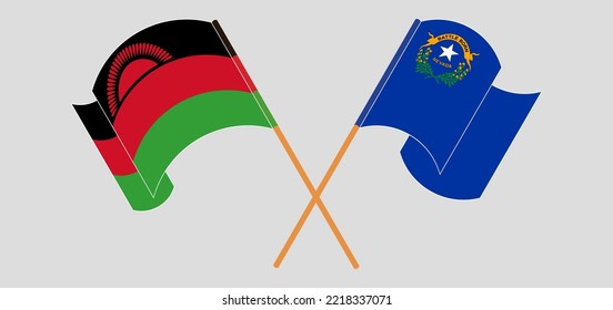 Crossed and waving flags of Malawi and The State of Nevada. Vector illustration

